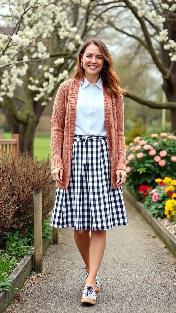 Woman wearing a gingham skirt and lightweight cardigan walking in a garden setting.