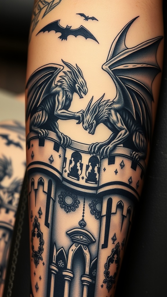 Tattoo of gothic gargoyles on architectural elements, featuring detailed designs.