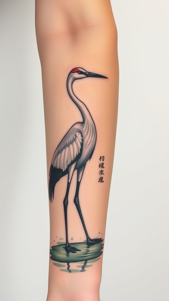 A graceful crane tattoo on a person's forearm, showcasing intricate details and a tranquil water scene.