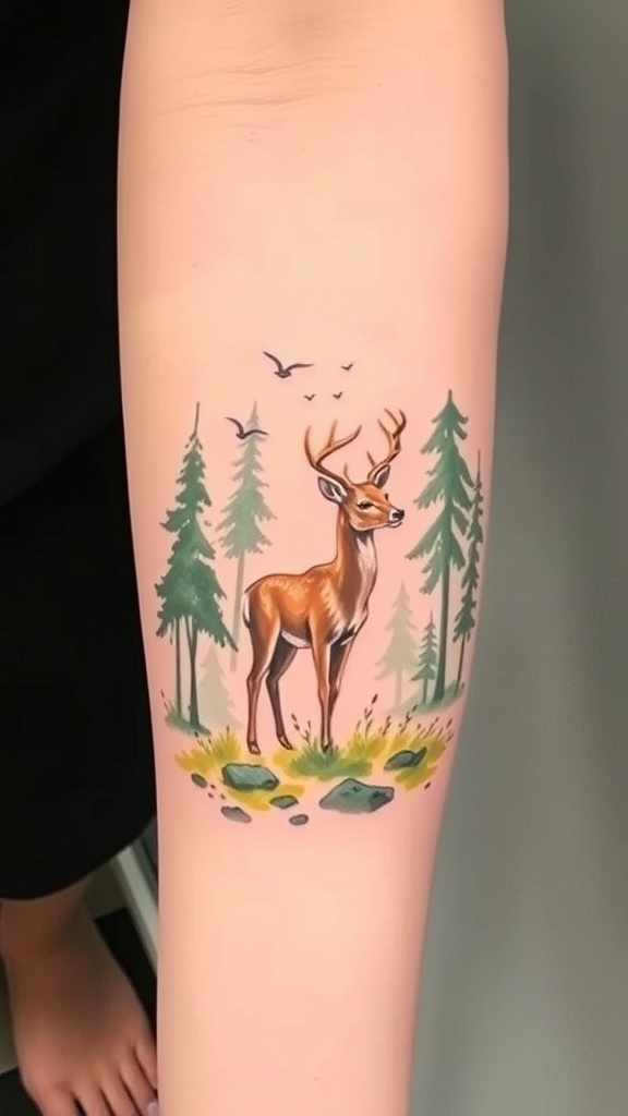 Watercolor tattoo of a deer in a forest