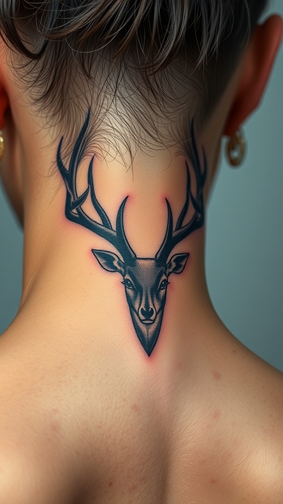 Minimalist tattoo of deer antlers on the back of a person's neck.