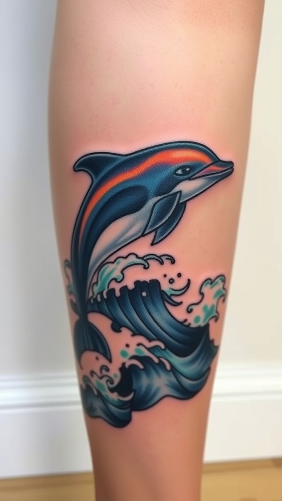 A colorful tattoo of a dolphin jumping over waves on a person's leg.