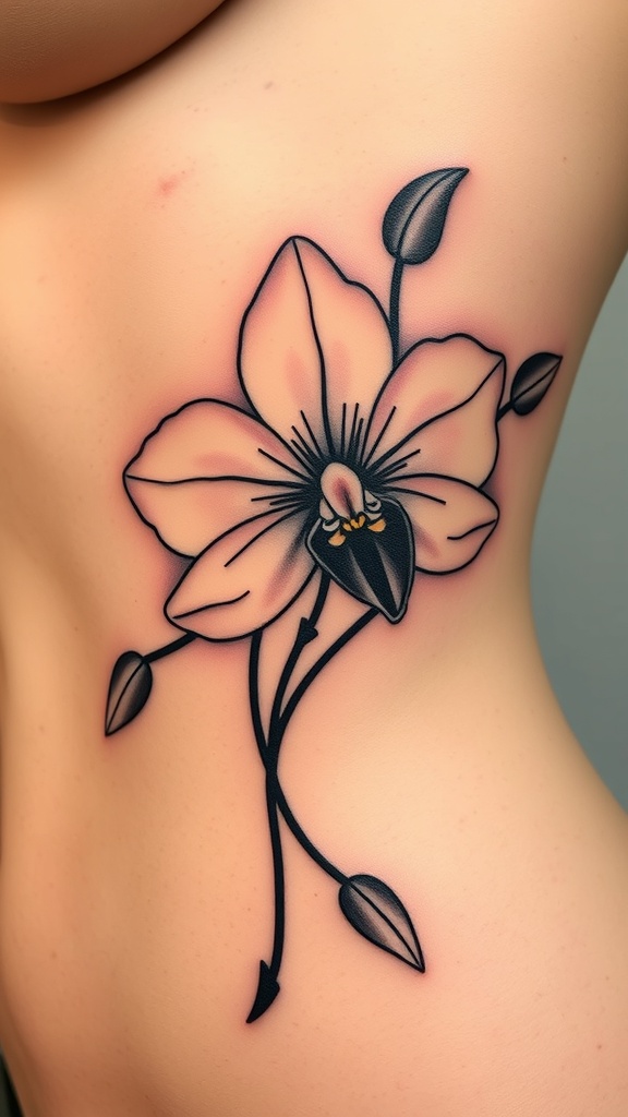 A close-up of a graceful orchid tattoo on the shoulder.