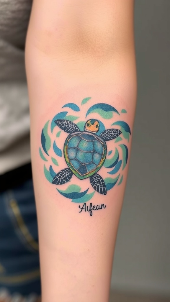 Colorful watercolor sea turtle tattoo with waves