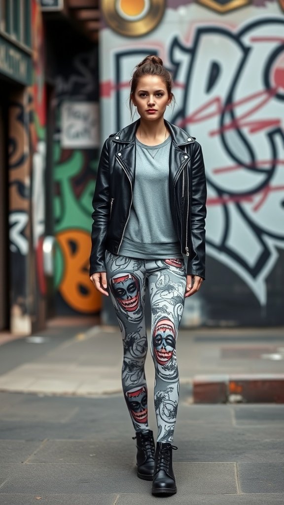 A person wearing graphic print leggings and a leather jacket walking in an urban setting.