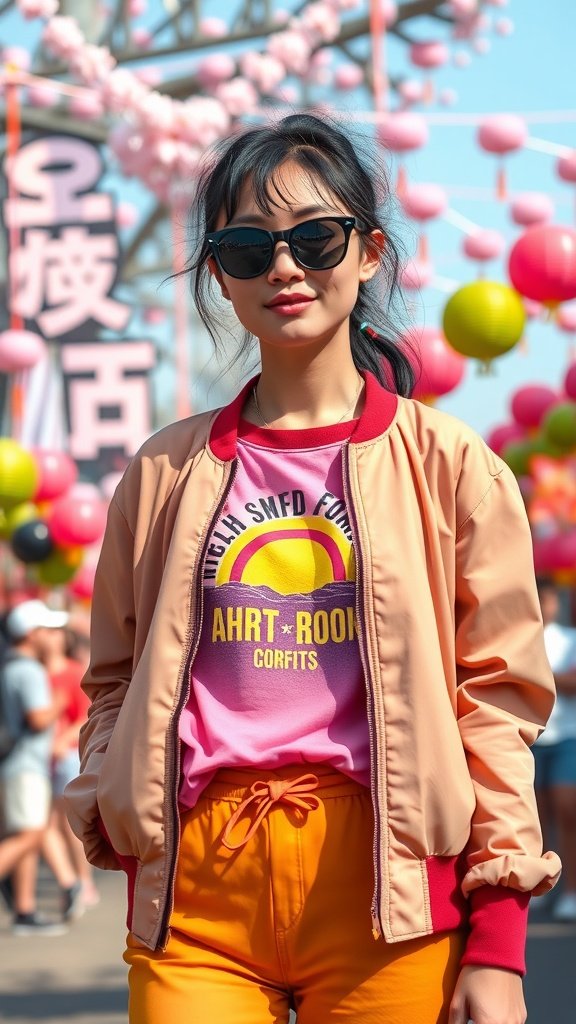 A young woman wearing a pink graphic tee and a beige bomber jacket, smiling while standing in a festive outdoor setting.