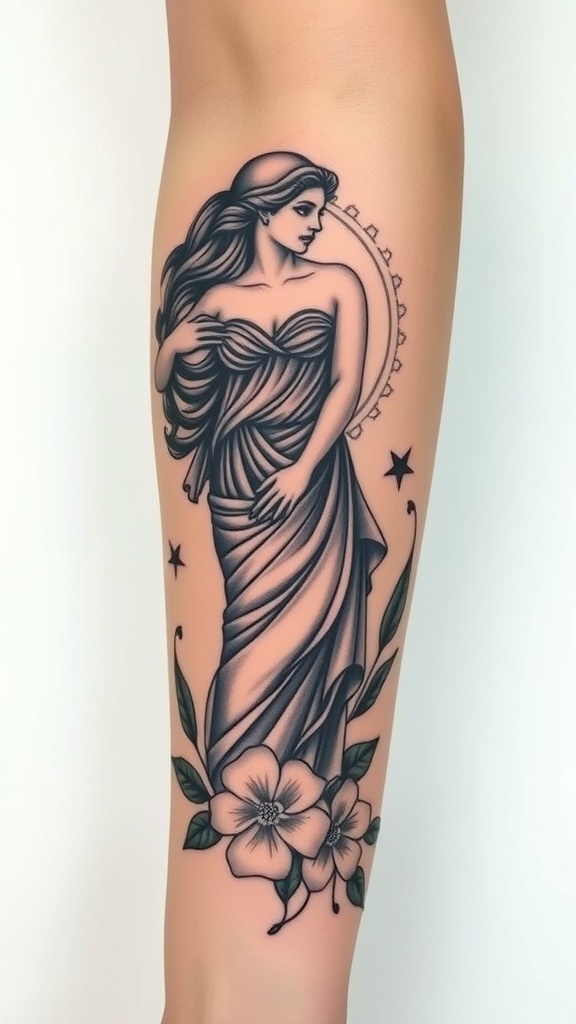 Tattoo of a Greek goddess silhouette with flowing robes and floral elements