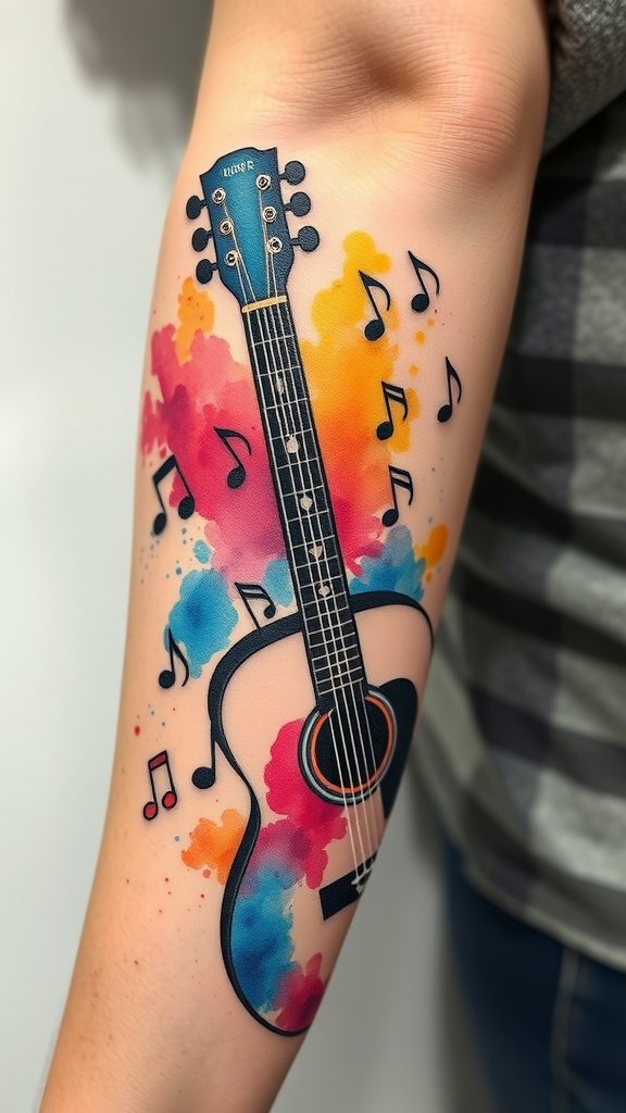 Watercolor tattoo of a guitar with colorful splashes and music notes