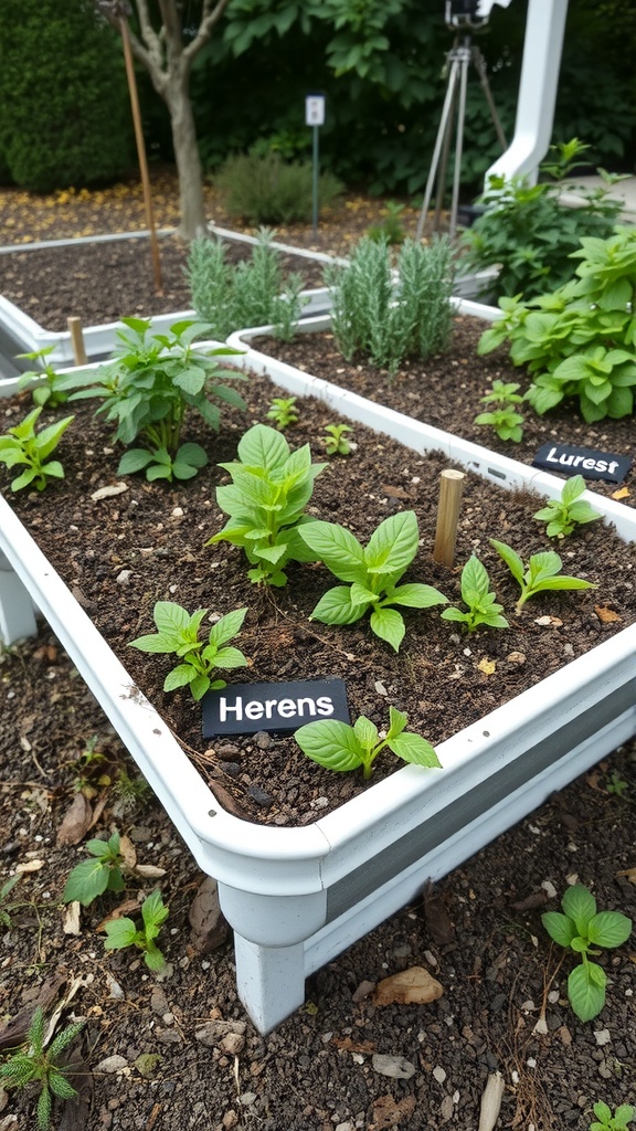 A raised bed garden made from gutters with various plants labeled.