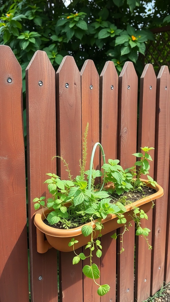 A gutter planter attached to a wooden fence, filled with lush green herbs.