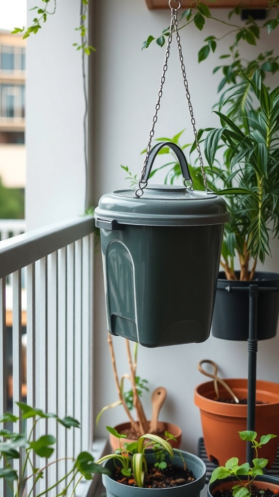 A hanging compost bin on a balcony surrounded by plants.