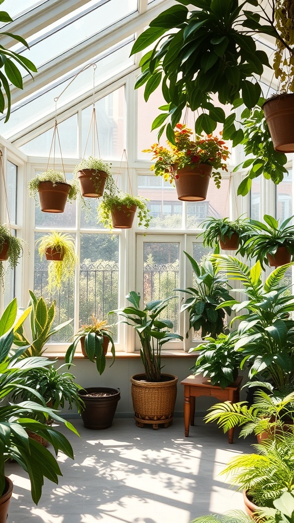 A sunroom filled with various hanging plants and potted greenery.