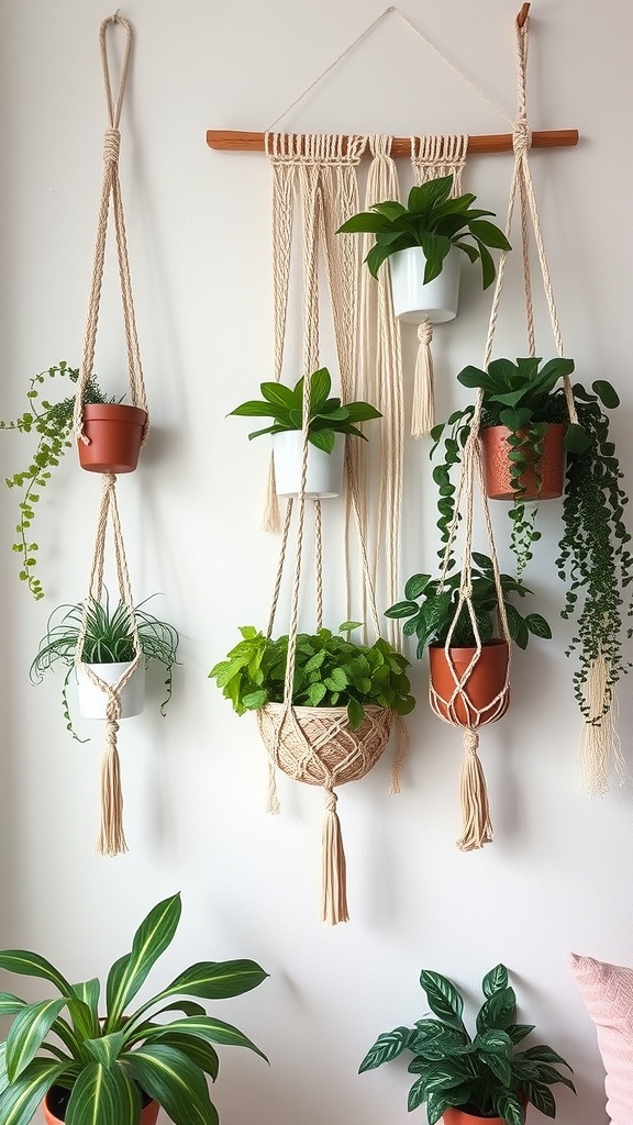 A wall-mounted display of macrame planters with various plants.
