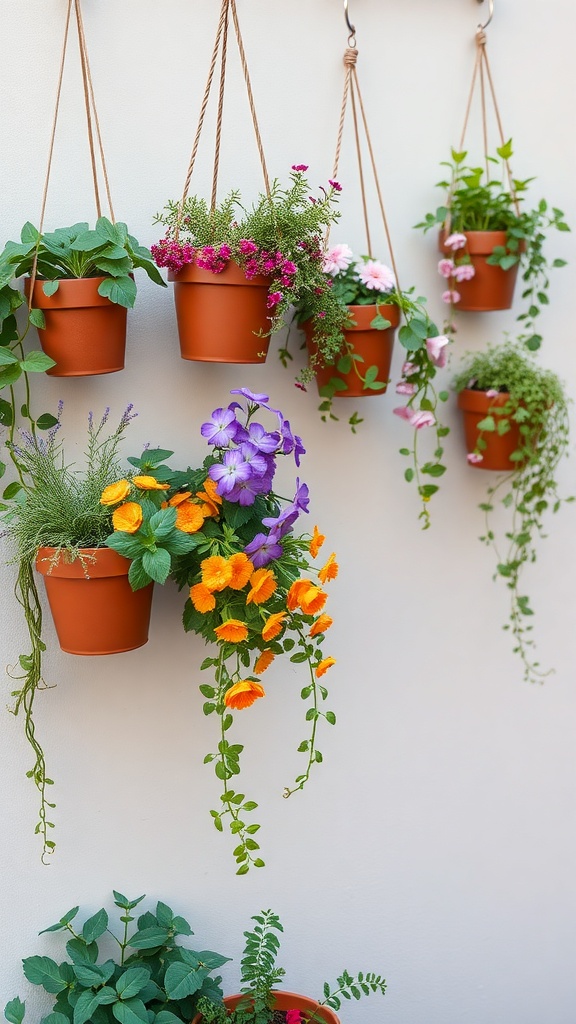 Colorful hanging pots with flowers and greenery on a wall.