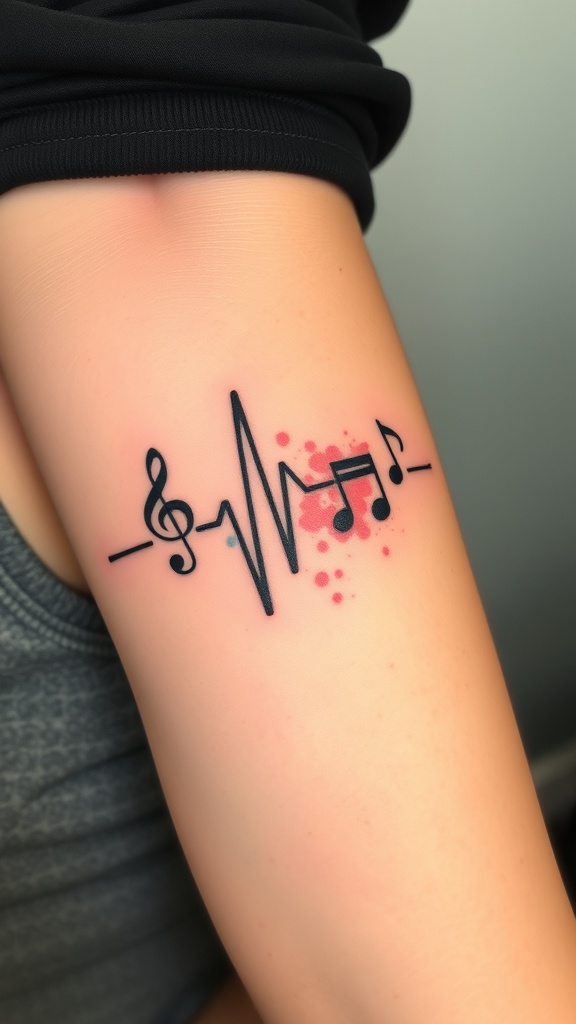 A tattoo featuring music notes and a heartbeat line with colorful splashes.