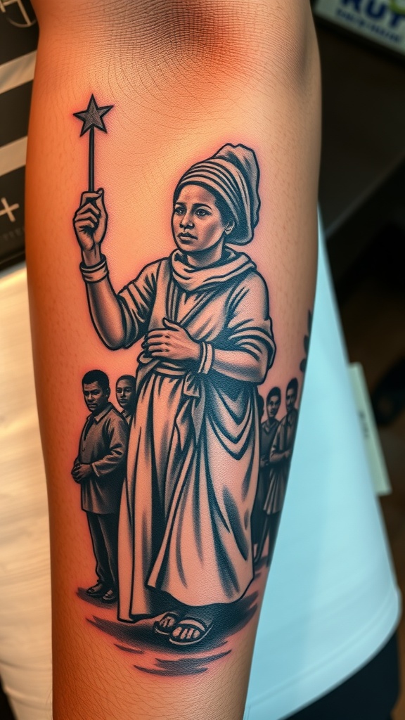 Tattoo of Harriet Tubman holding a star, symbolizing hope and freedom.