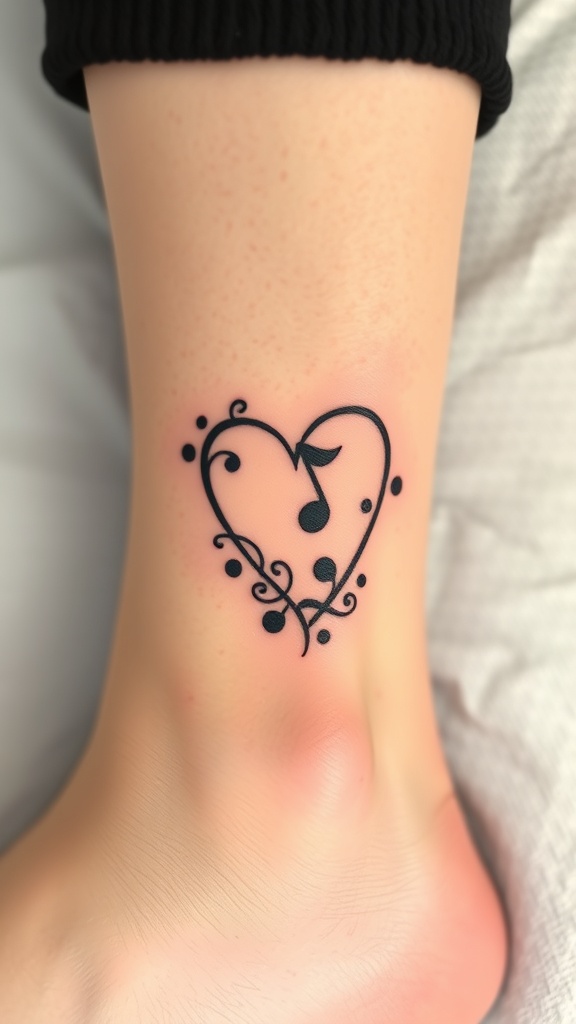 Heart-shaped music note tattoo on ankle