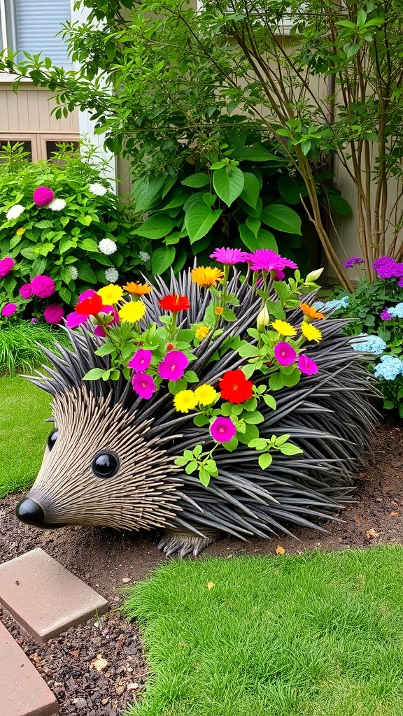 A hedgehog-shaped planter with colorful flowers on its back, surrounded by greenery.