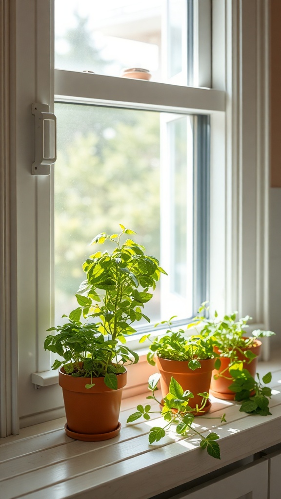 A sunny kitchen windowsill with potted herbs including basil, mint, and parsley.