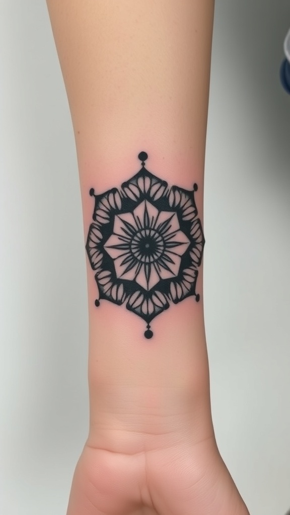 Hexagonal daisy mandala tattoo on a wrist