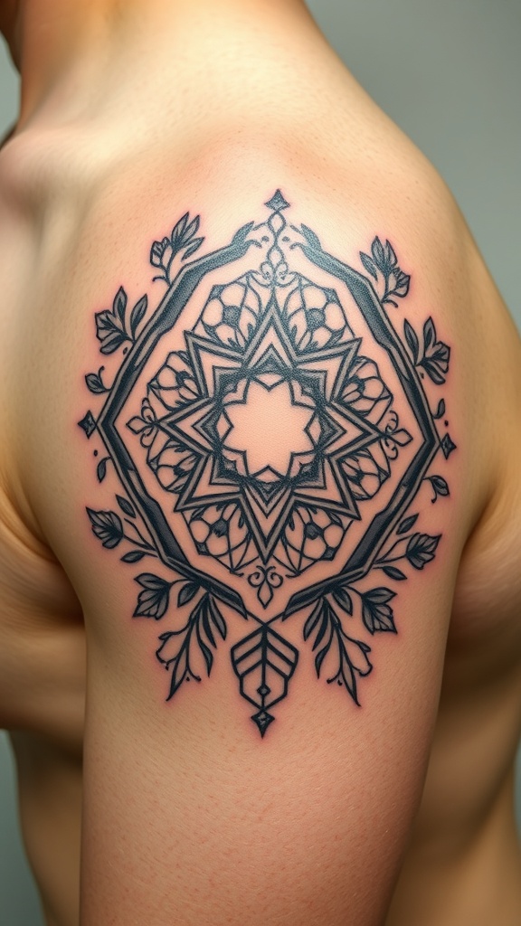 A hexagonal floral tattoo design on a person's shoulder.