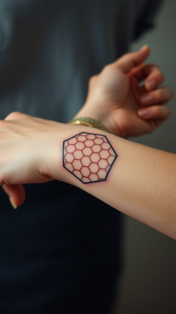 A close-up of a hexagonal honeycomb tattoo on a person's wrist.