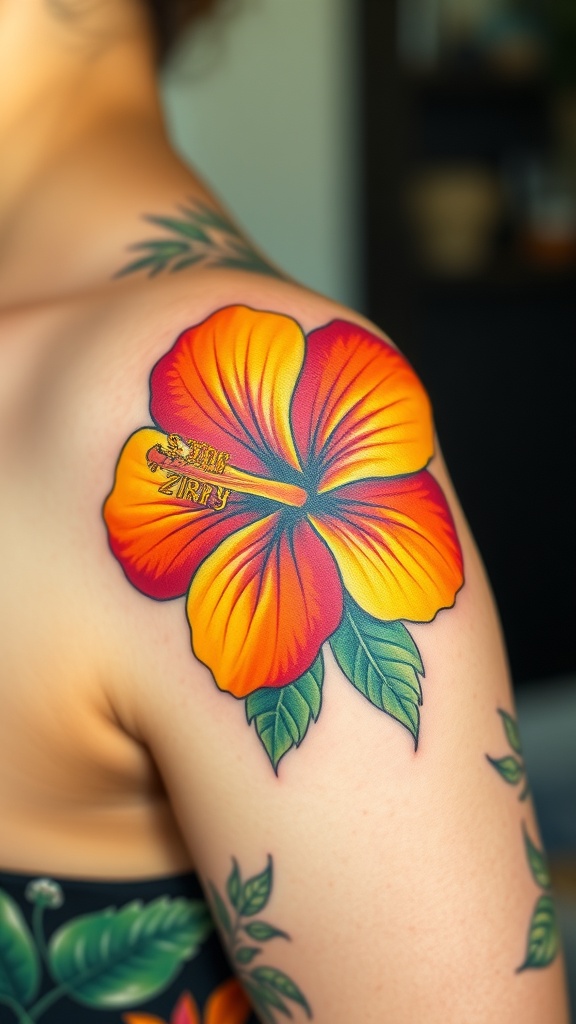 A vibrant hibiscus tattoo on a person's shoulder