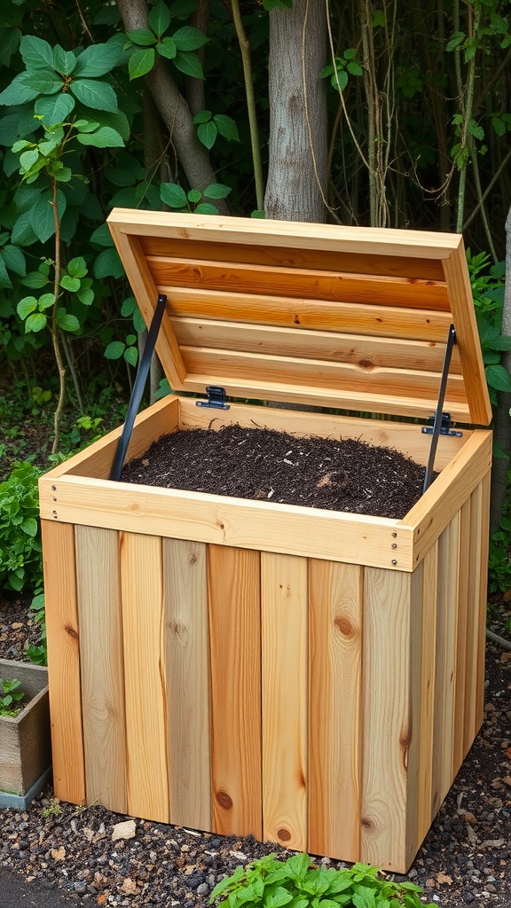 A wooden compost bin with a hinged lid, filled with dark compost material.