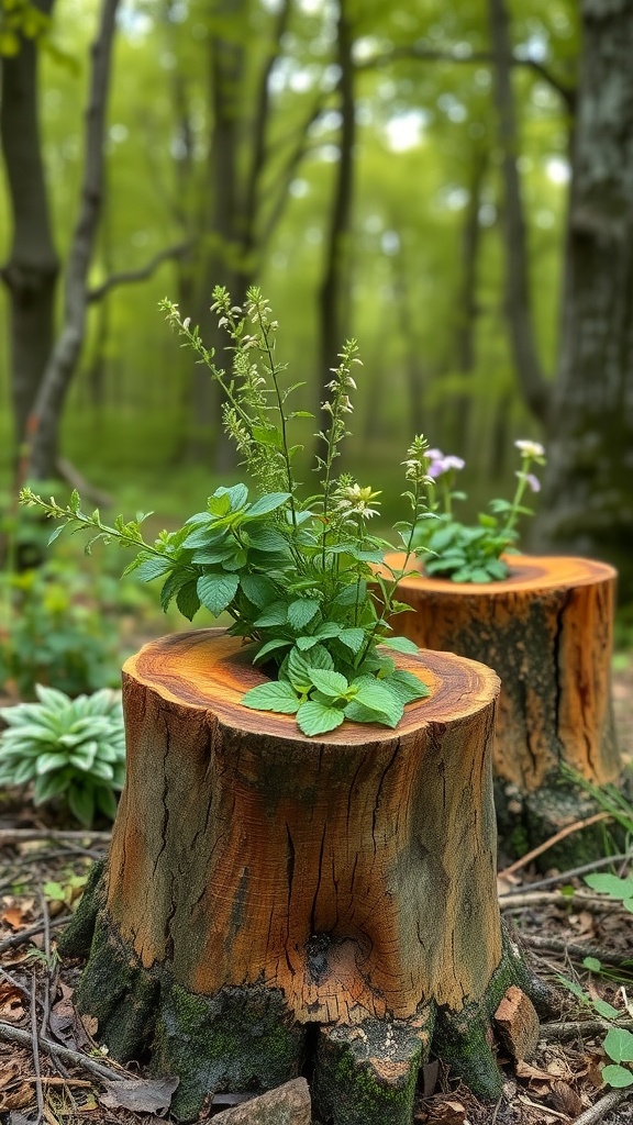 Hollowed out tree stumps with herbs growing in them, surrounded by greenery.