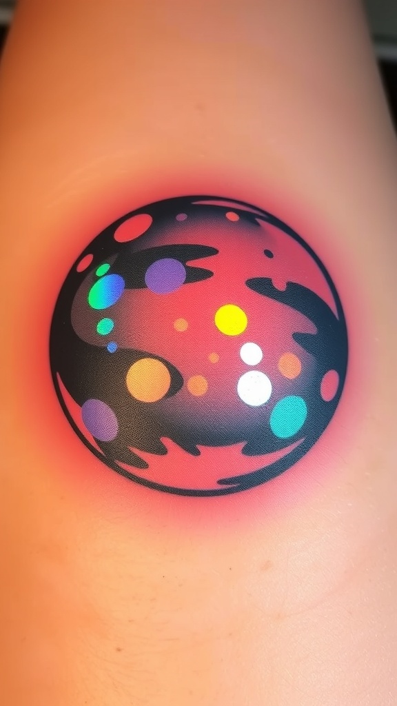 A colorful holographic sphere tattoo on skin.