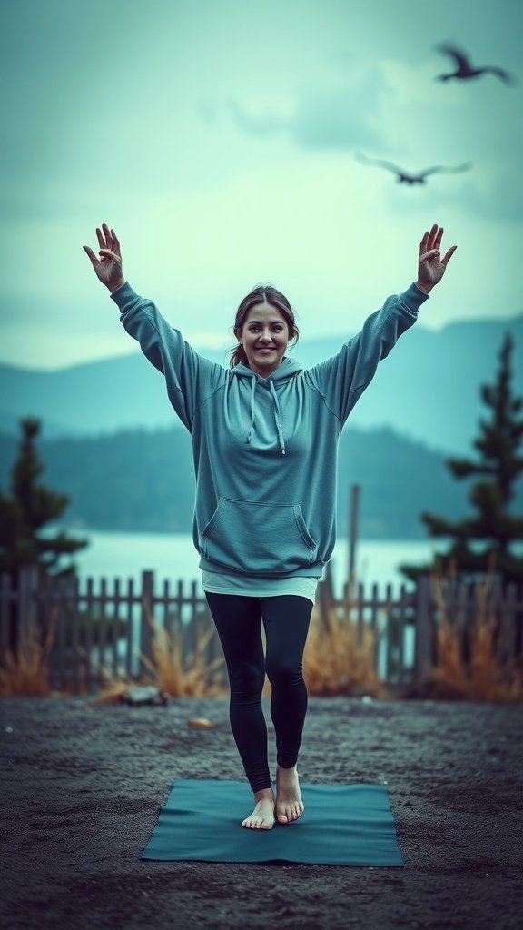 A woman practicing yoga outdoors while wearing an oversized hoodie and leggings.