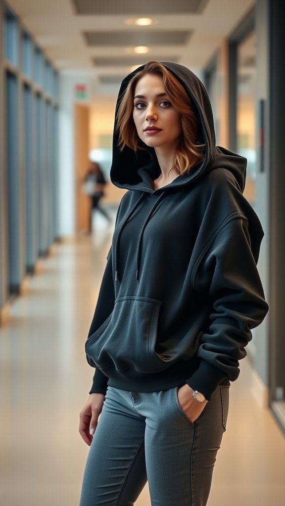 A woman wearing a black oversized hoodie in a modern office setting.