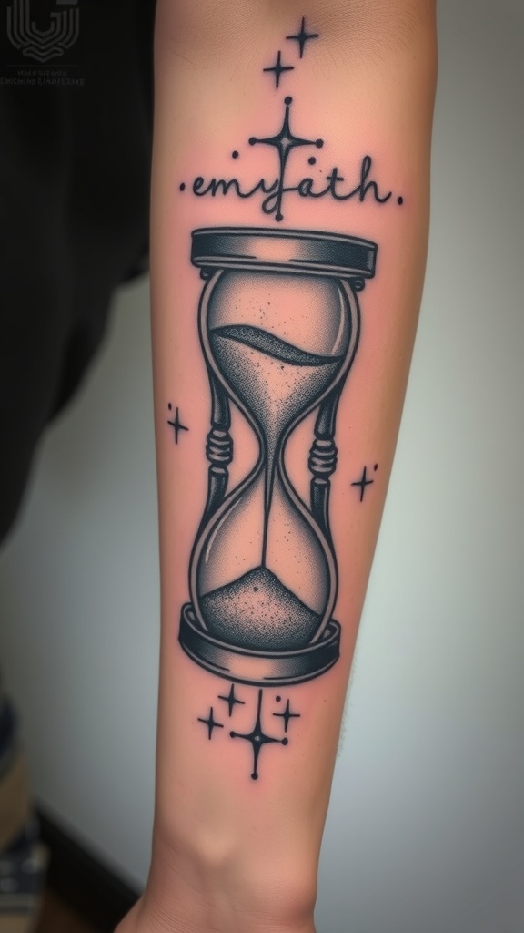 Tattoo of an hourglass with flowing sand and decorative elements.