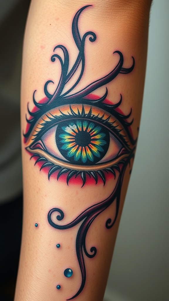 A hyper-realistic eye tattoo with vibrant colors and intricate designs.
