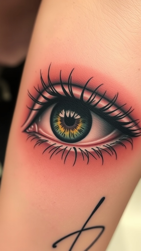 A hyper-realistic tattoo of an eye with detailed iris and eyelashes.