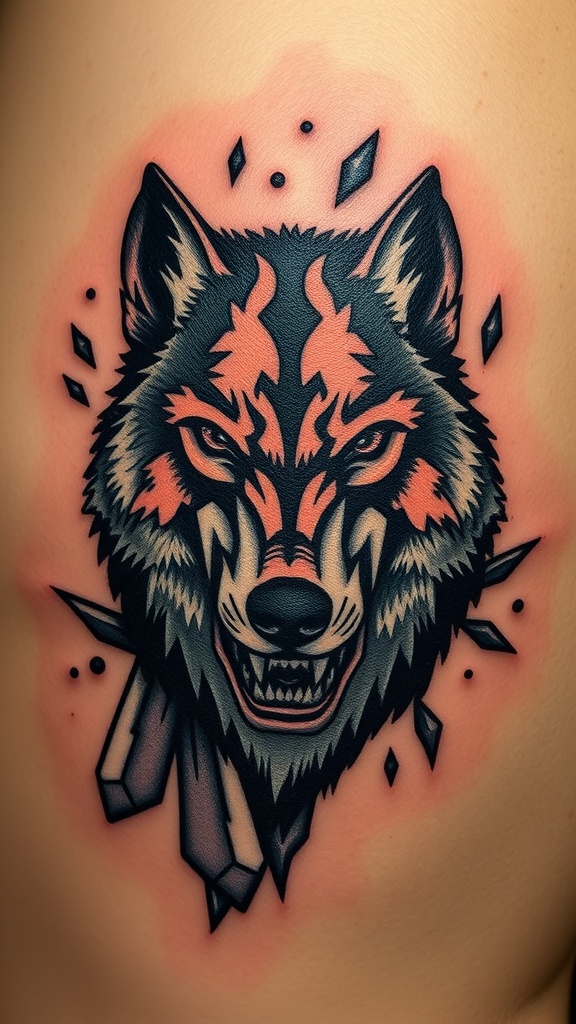 A bold tattoo of a wolf's head with a 3D optical illusion effect.