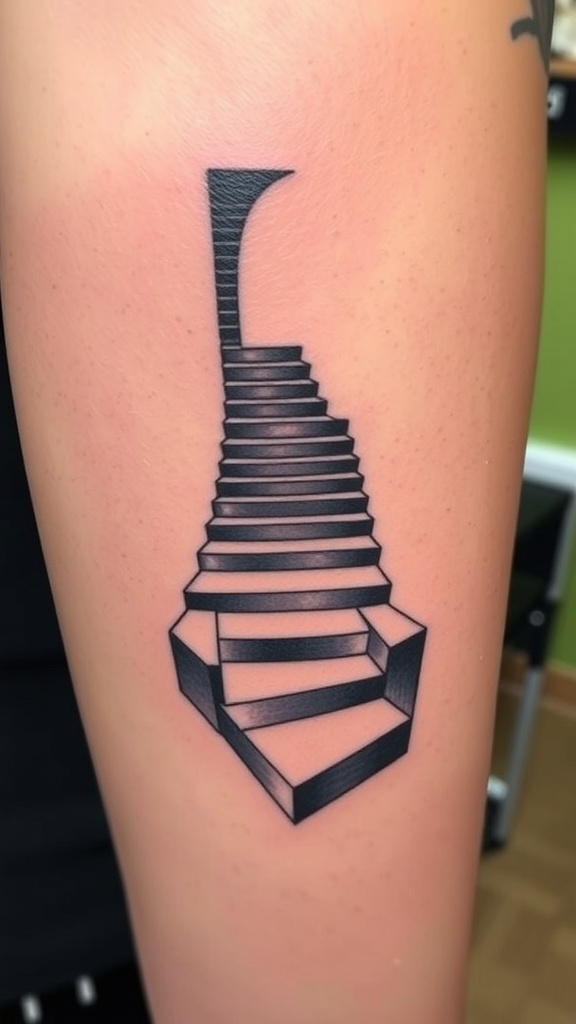 A tattoo of an illusory staircase with a 3D effect on a person's arm.