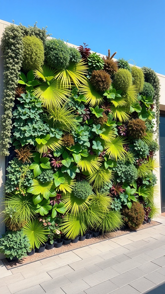 Indoor vertical garden with various plants on a wall
