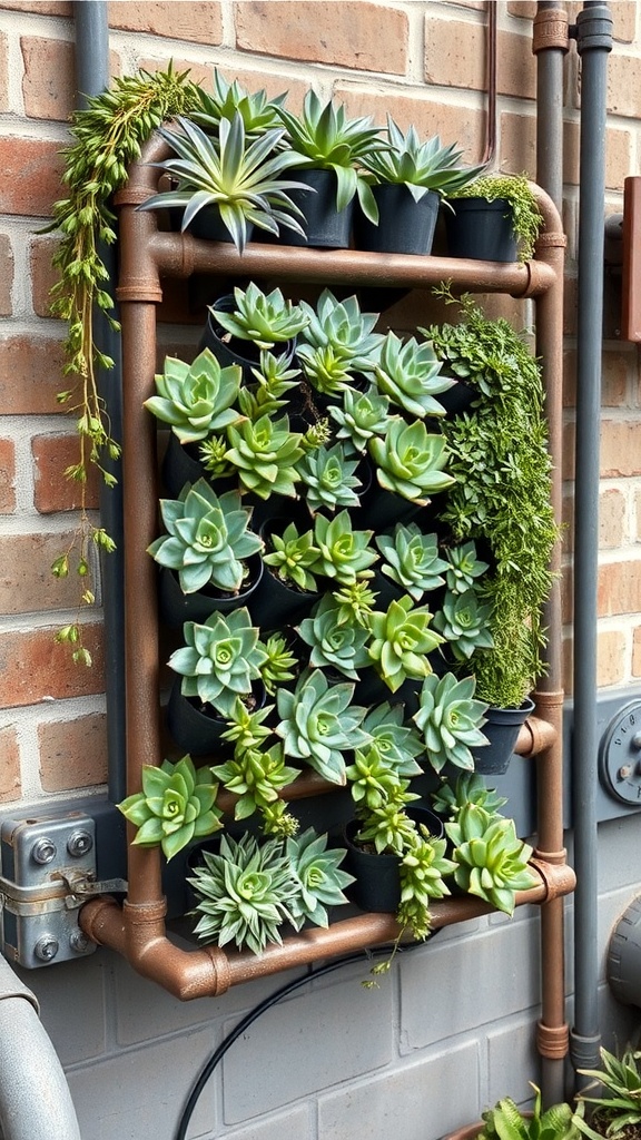 A wall-mounted industrial pipe planter filled with various succulents.