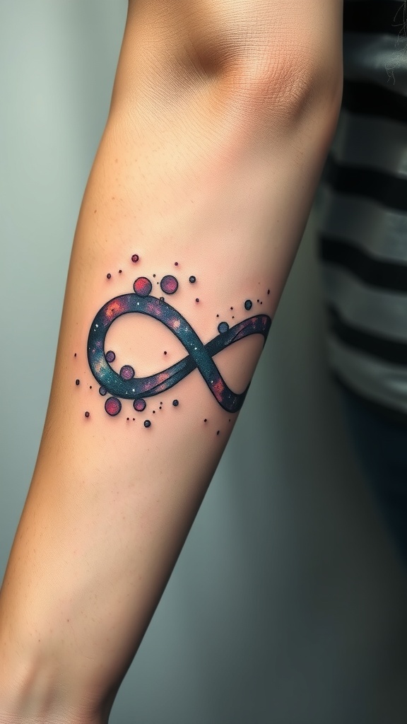 Infinity symbol tattoo filled with galaxy colors on a person's arm