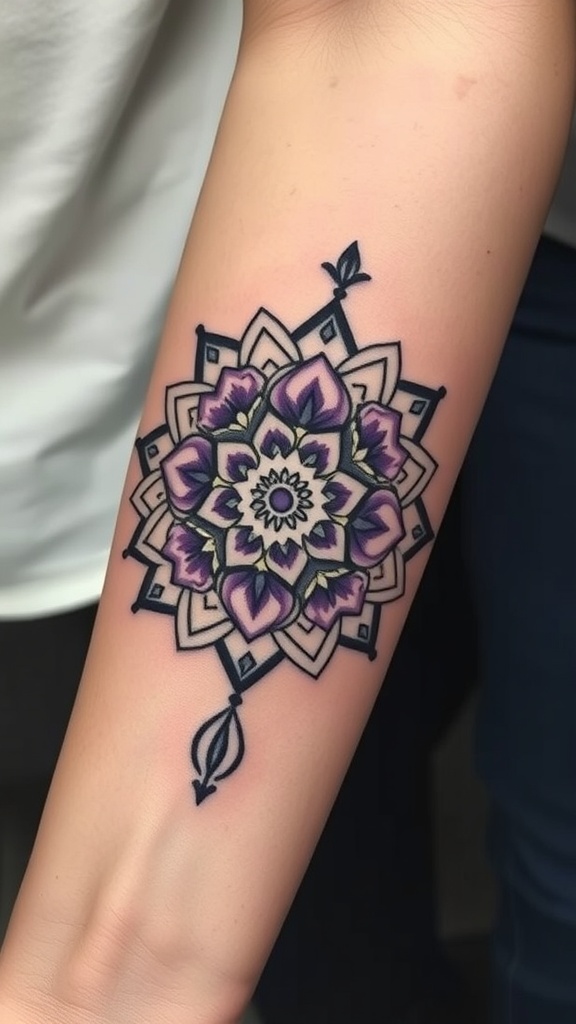 A vibrant tattoo of an interlocking violets mandala on a person's forearm.