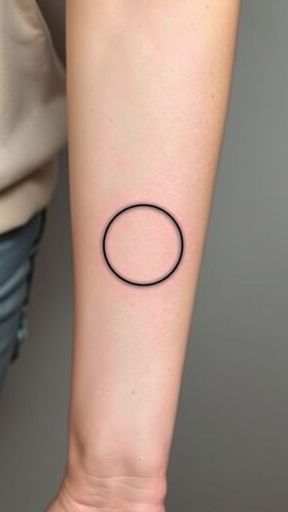 A minimalist tattoo of a single black circle on a person's forearm.