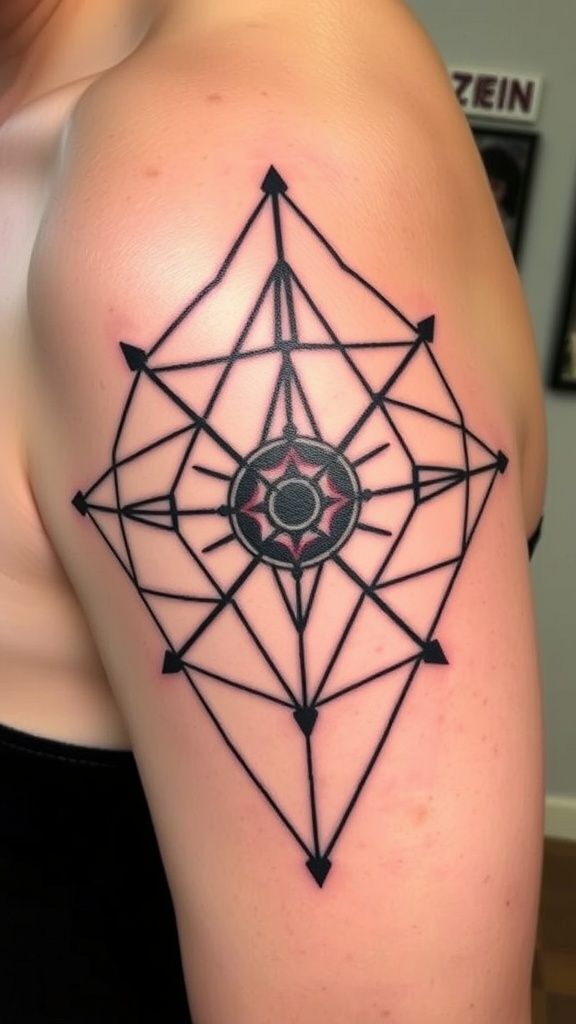 Abstract geometric tattoo featuring intersecting lines and shapes.