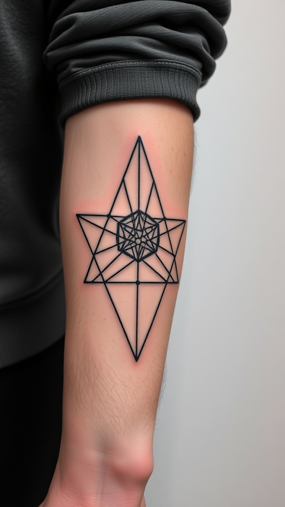 A micro geometric tattoo of a star with interwoven lines and shapes on a person's forearm.