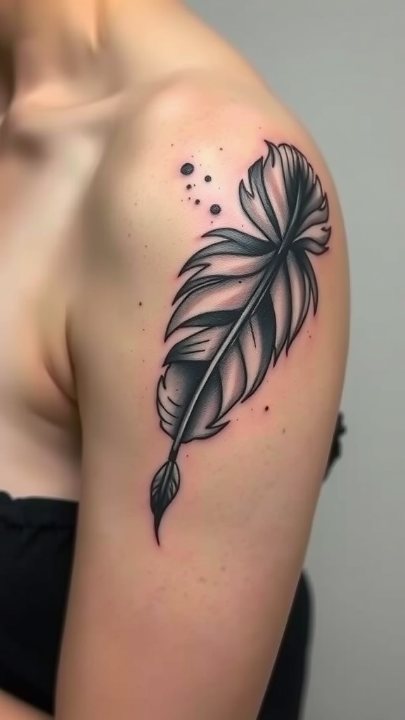 Black and gray feather tattoo on shoulder