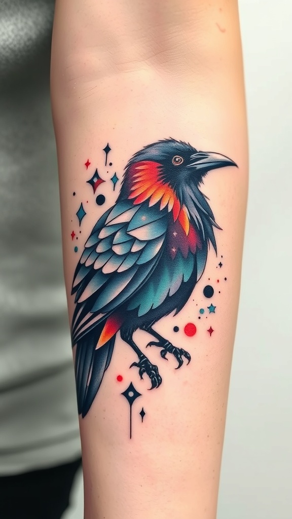 A colorful crow tattoo featuring geometric patterns and stars.