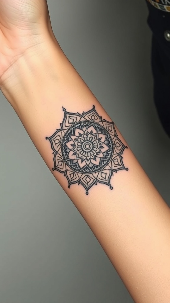 A detailed dot work mandala tattoo on a person's forearm.