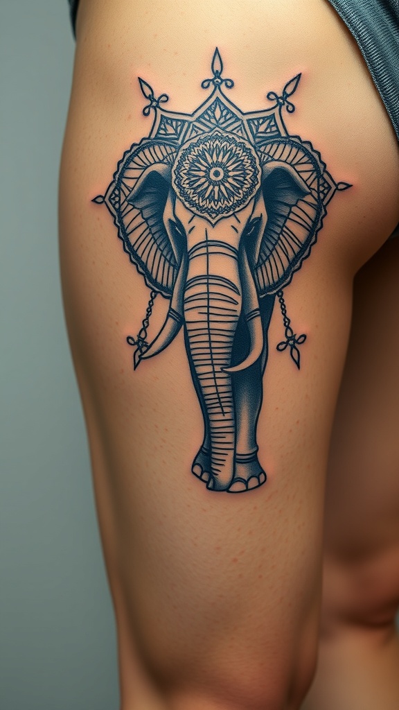 A detailed elephant tattoo with mandala patterns on a thigh.