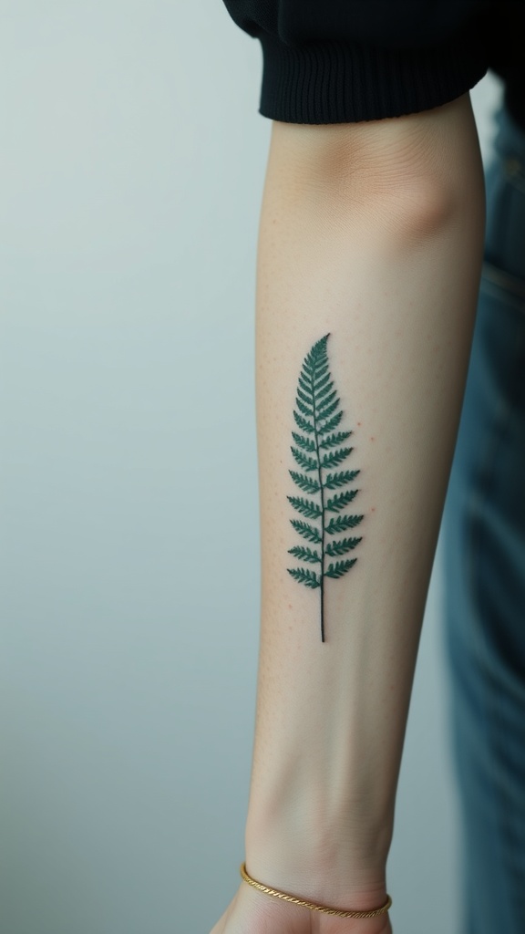A detailed fern frond tattoo on a person's forearm.