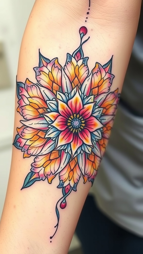 Colorful floral mandala tattoo on the arm